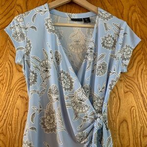 Tahari Floral Wrap Blouse - Light Blue and White
